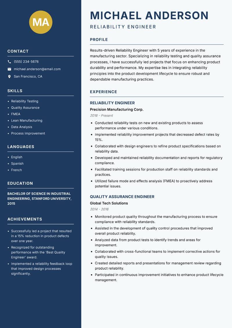 Reliability Engineer Resume Preview Example