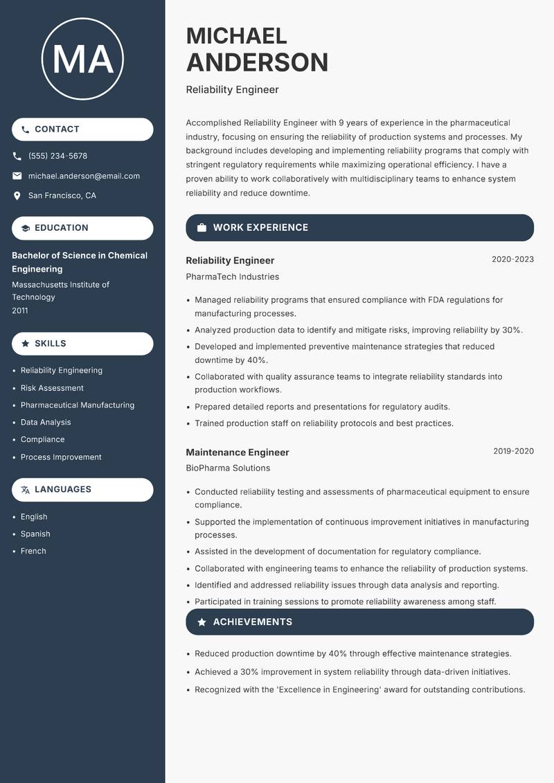Reliability Engineer Resume Preview Example