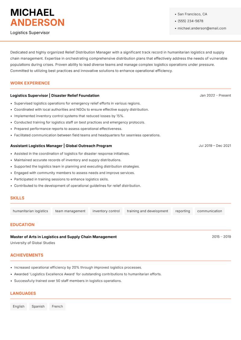 Relief Distribution Manager Resume Template