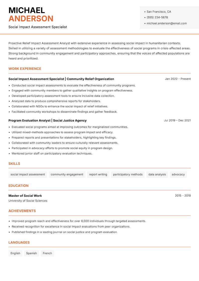 Relief Impact Assessment Analyst Resume Template