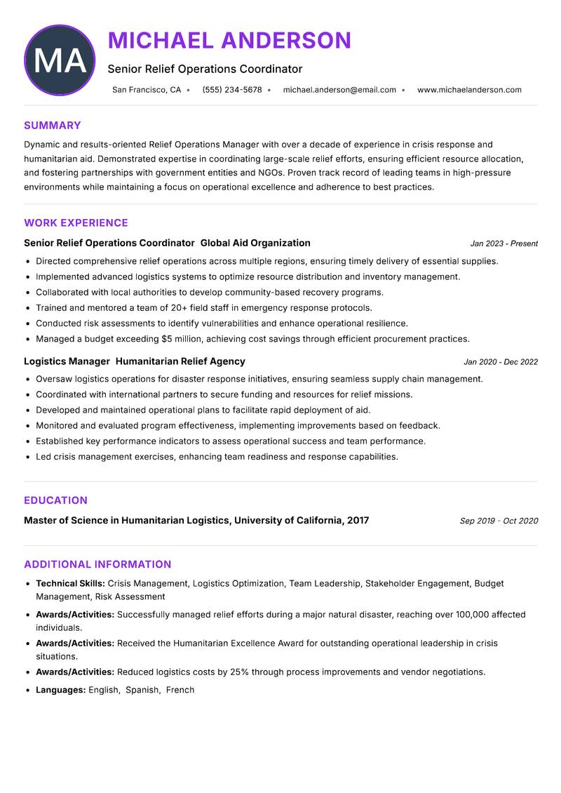 Relief Operations Manager Resume Preview Example