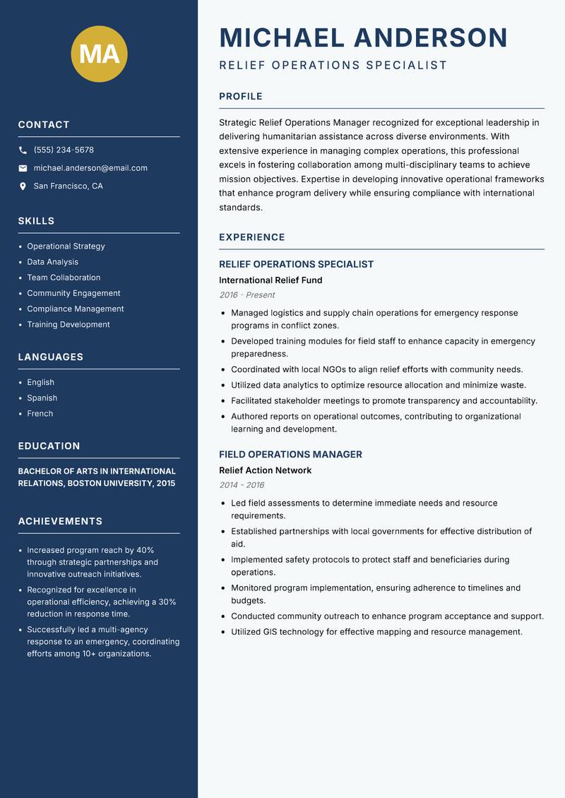 Relief Operations Manager Resume Preview Example