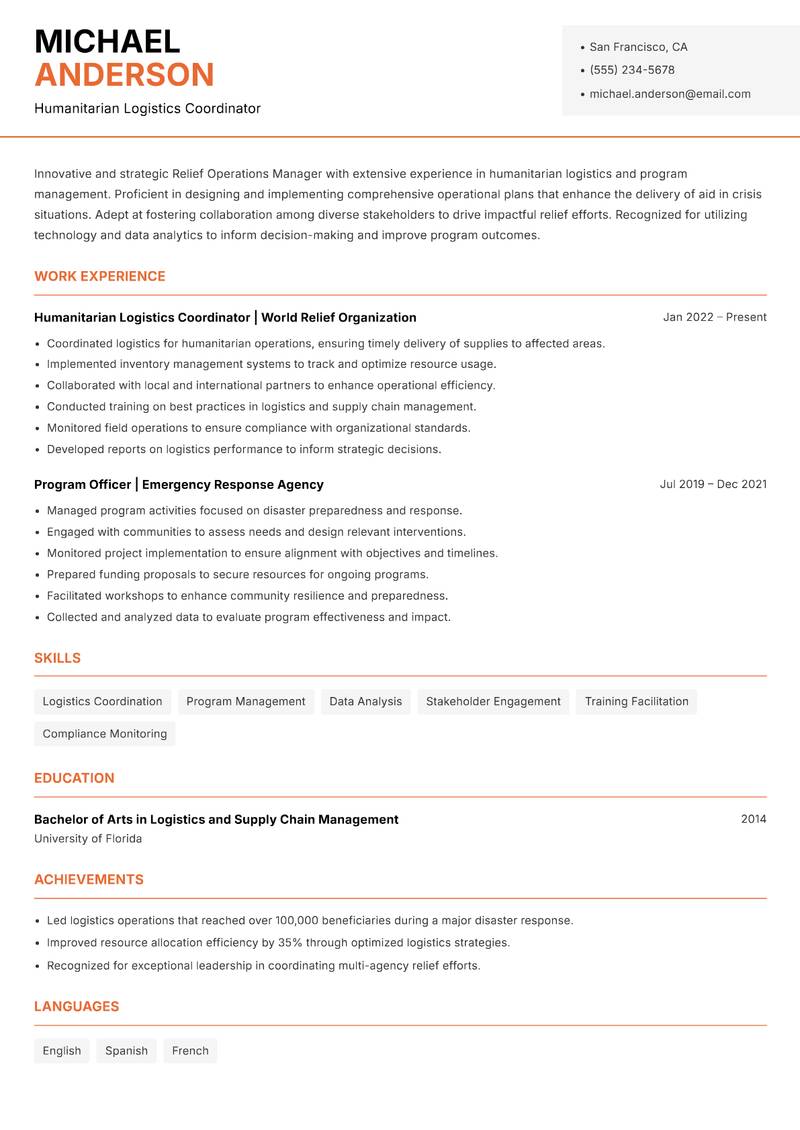 Relief Operations Manager Resume Template