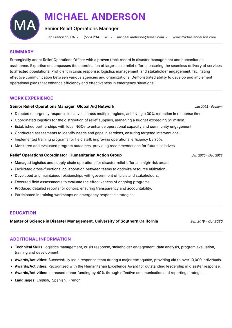 Relief Operations Officer Resume Preview Example