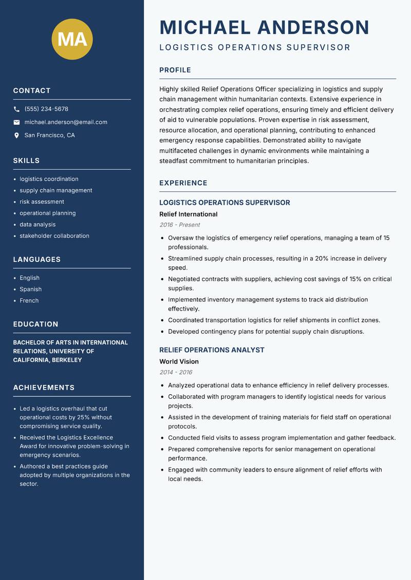 Relief Operations Officer Resume Preview Example