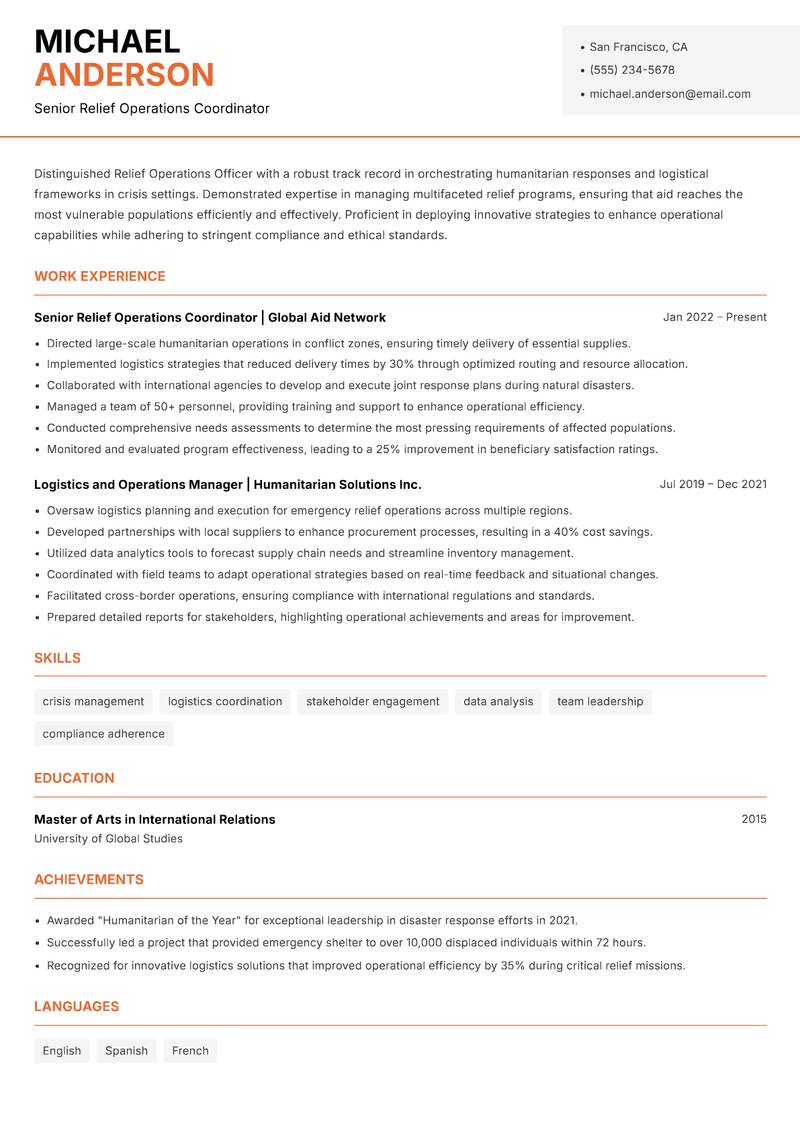 Relief Operations Officer Resume Template