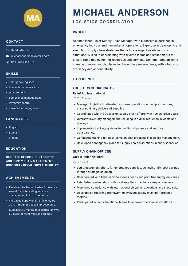 Relief Supply Chain Manager Resume Preview Example