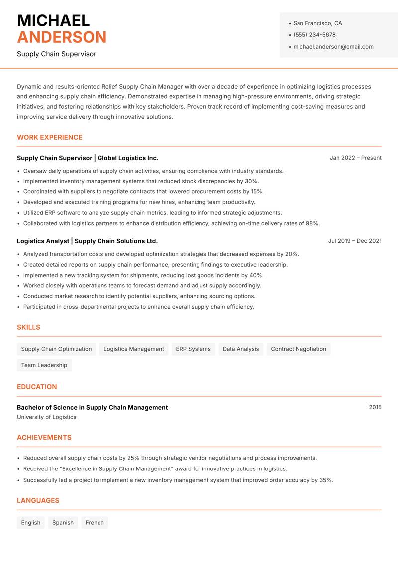 Relief Supply Chain Manager Resume Template