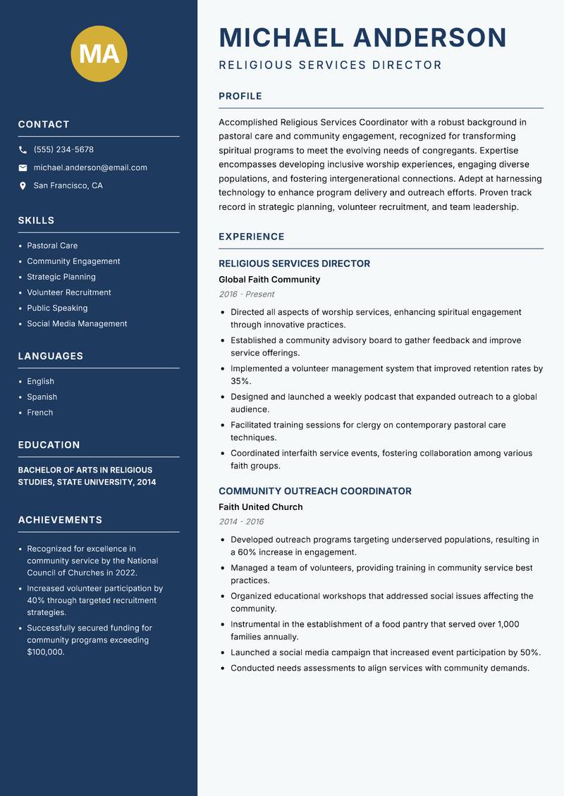 Religious Services Coordinator Resume Preview Example