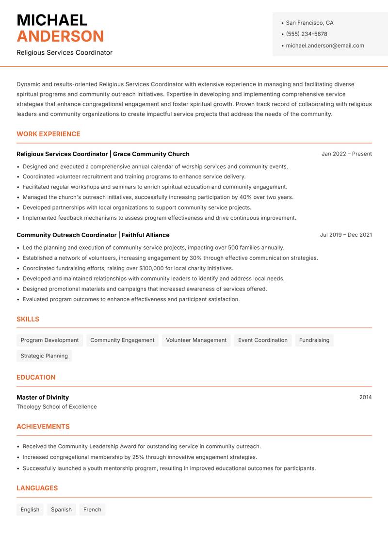Religious Services Coordinator Resume Template