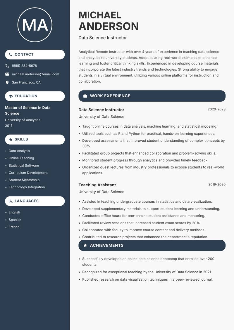 Remote Instructor Resume Preview Example