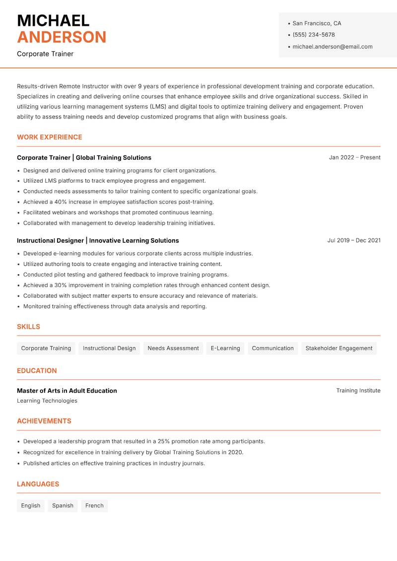Remote Instructor Resume Template