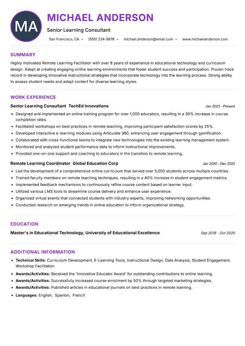Remote Learning Facilitator Resume Preview Example