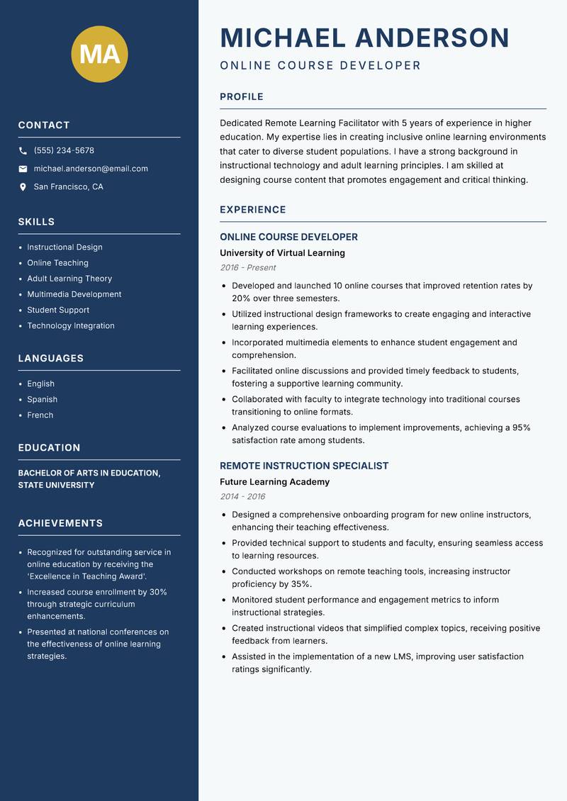 Remote Learning Facilitator Resume Preview Example