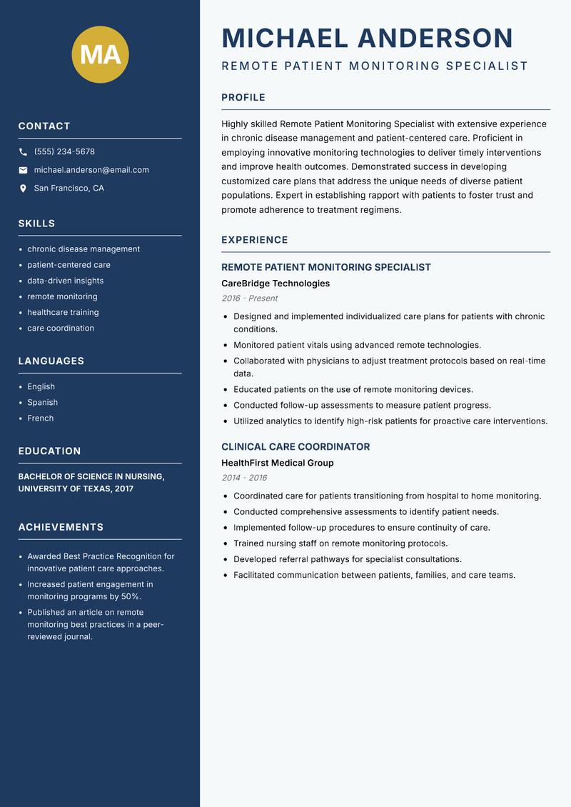 Remote Patient Monitoring Specialist Resume Preview Example