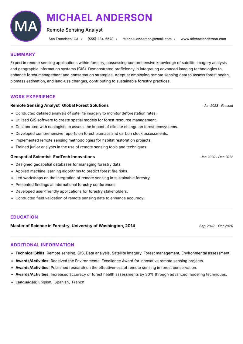 Remote Sensing Forestry Specialist Resume Preview Example