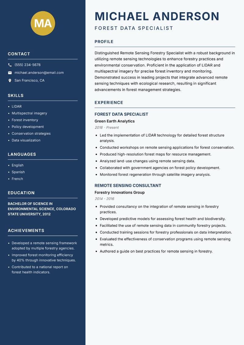 Remote Sensing Forestry Specialist Resume Preview Example