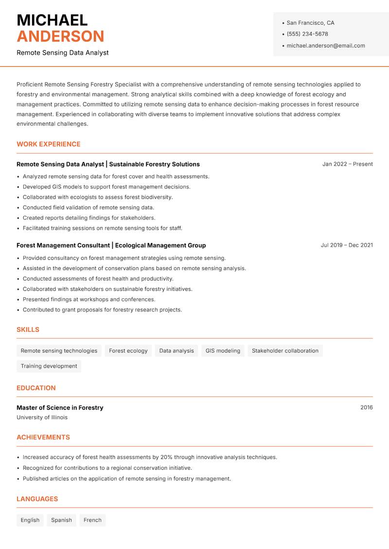 Remote Sensing Forestry Specialist Resume Template