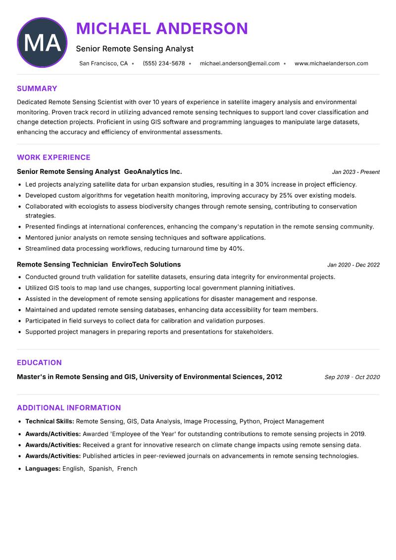 Remote Sensing Scientist Resume Preview Example