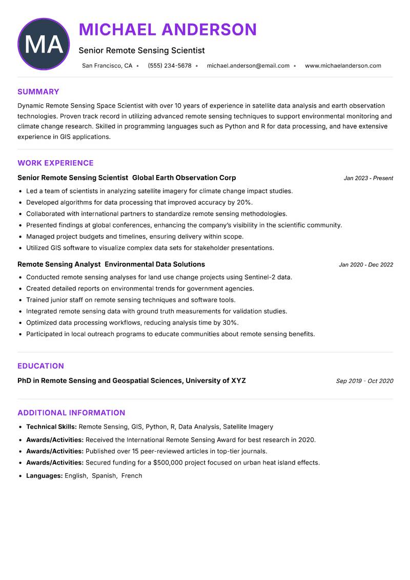 Remote Sensing Space Scientist Resume Preview Example