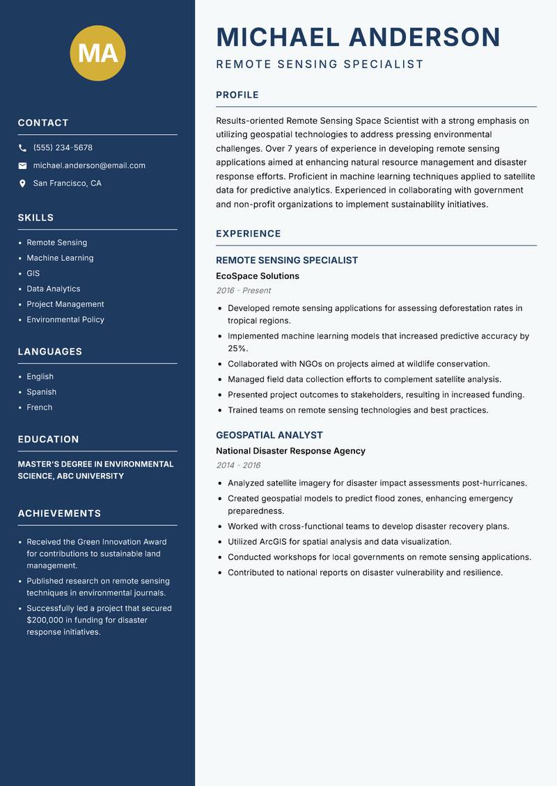 Remote Sensing Space Scientist Resume Preview Example