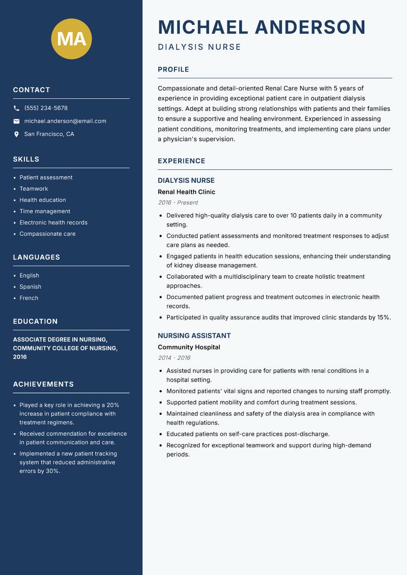 Renal Care Nurse Resume Preview Example