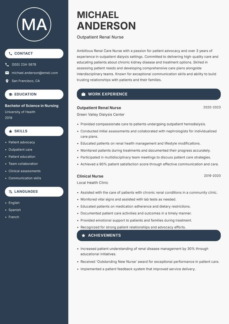 Renal Care Nurse Resume Preview Example