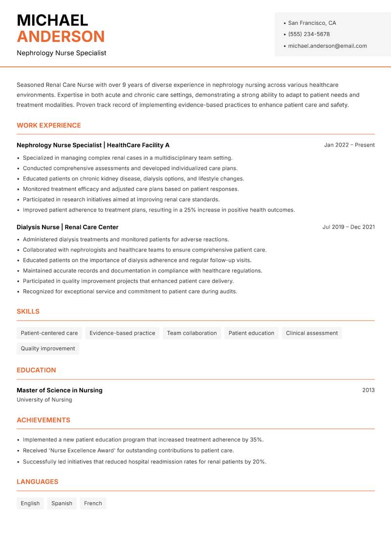 Renal Care Nurse Resume Template