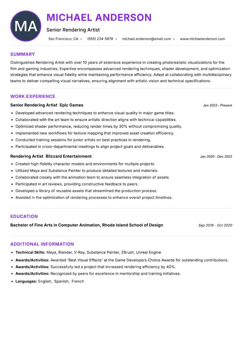 Rendering Artist Resume Preview Example
