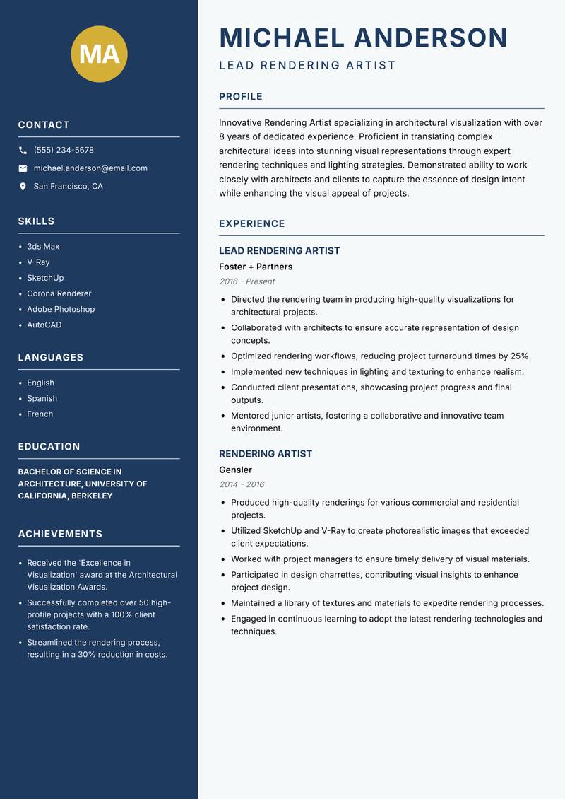 Rendering Artist Resume Preview Example