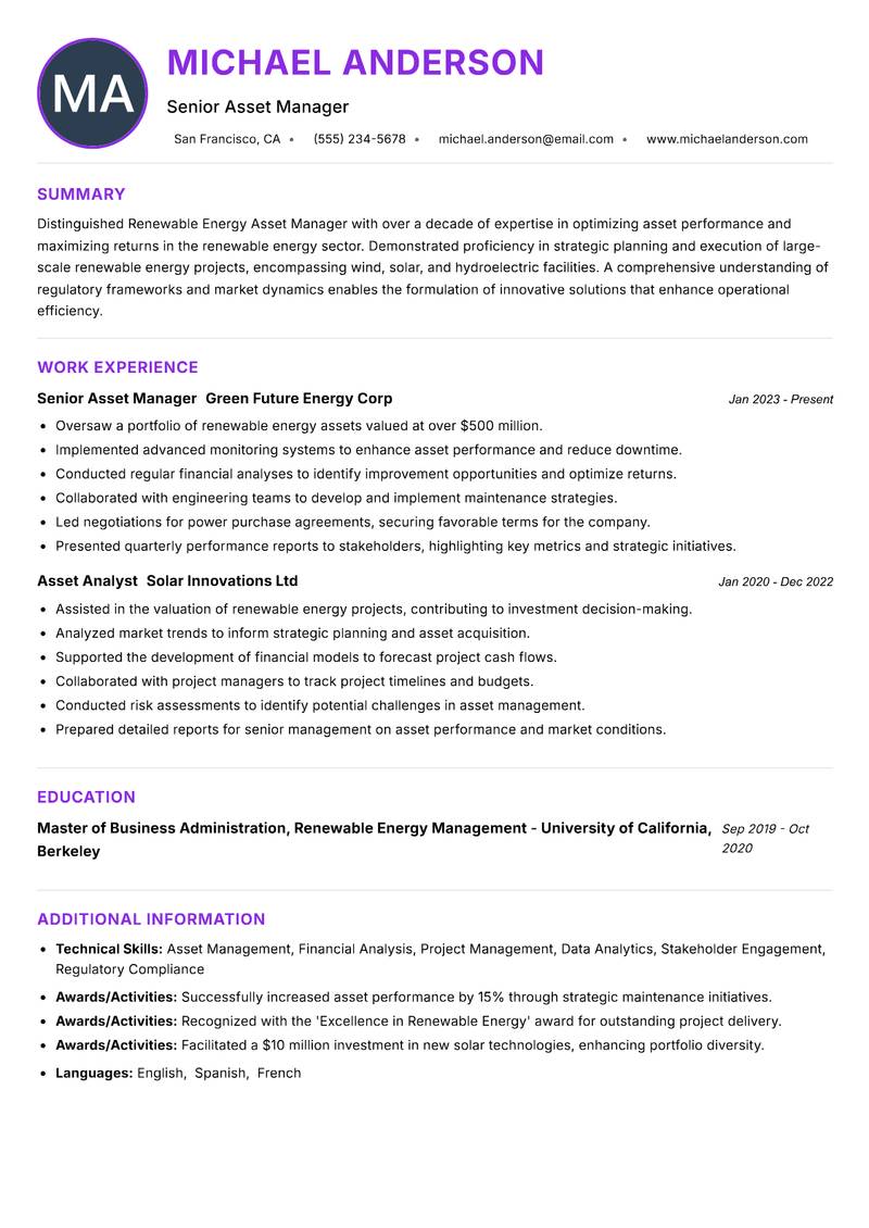 Renewable Energy Asset Manager Resume Preview Example