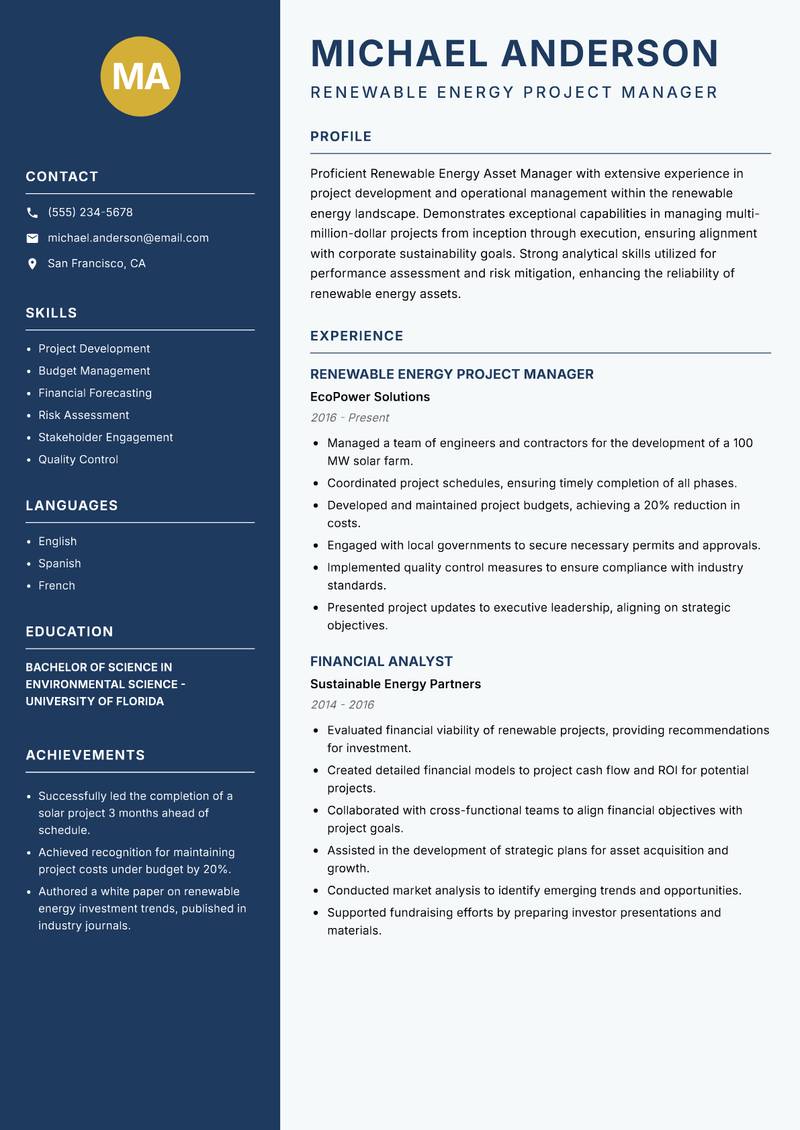 Renewable Energy Asset Manager Resume Preview Example