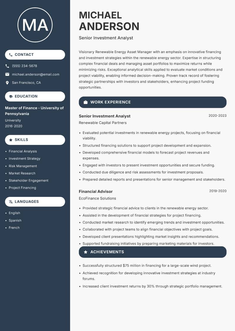 Renewable Energy Asset Manager Resume Preview Example