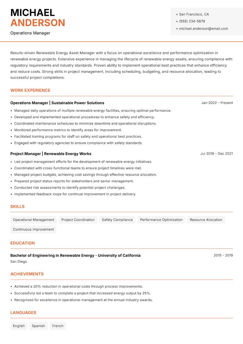 Renewable Energy Asset Manager Resume Template