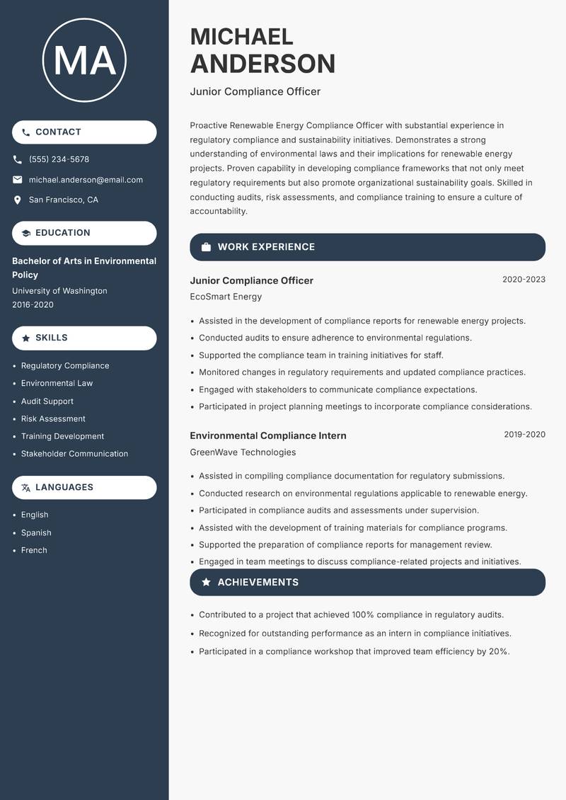 Renewable Energy Compliance Officer Resume Preview Example