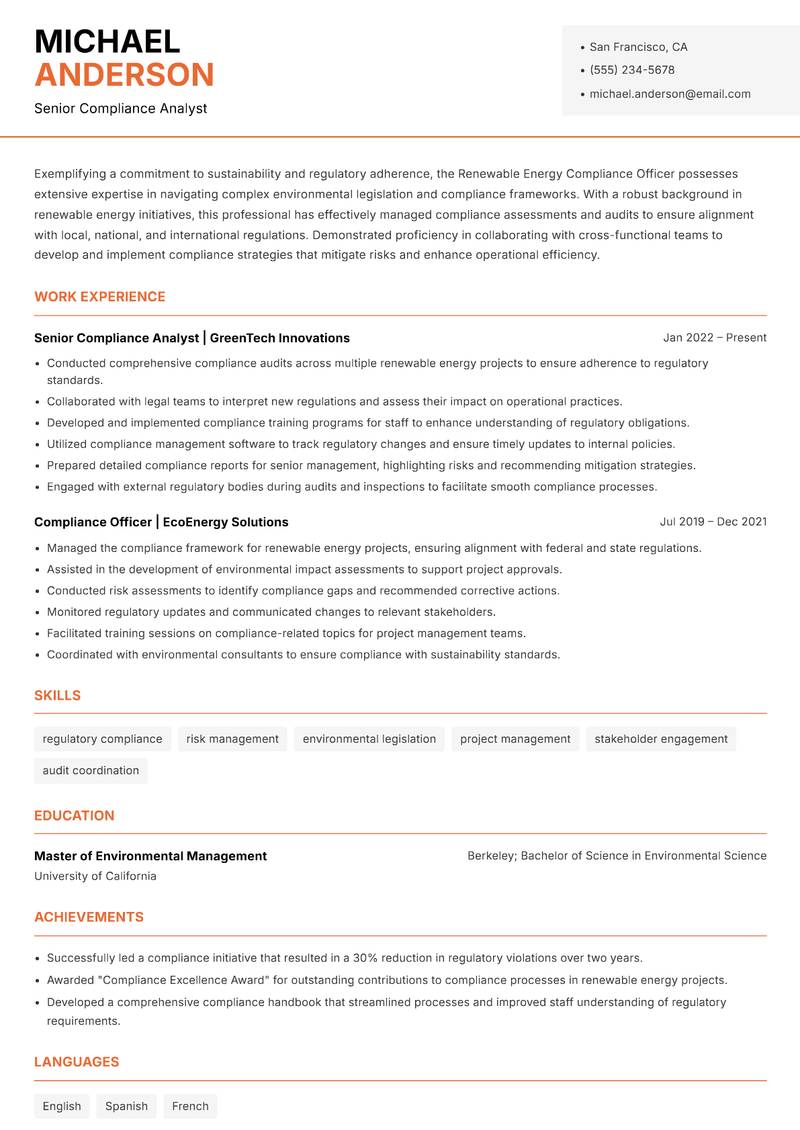 Renewable Energy Compliance Officer Resume Template