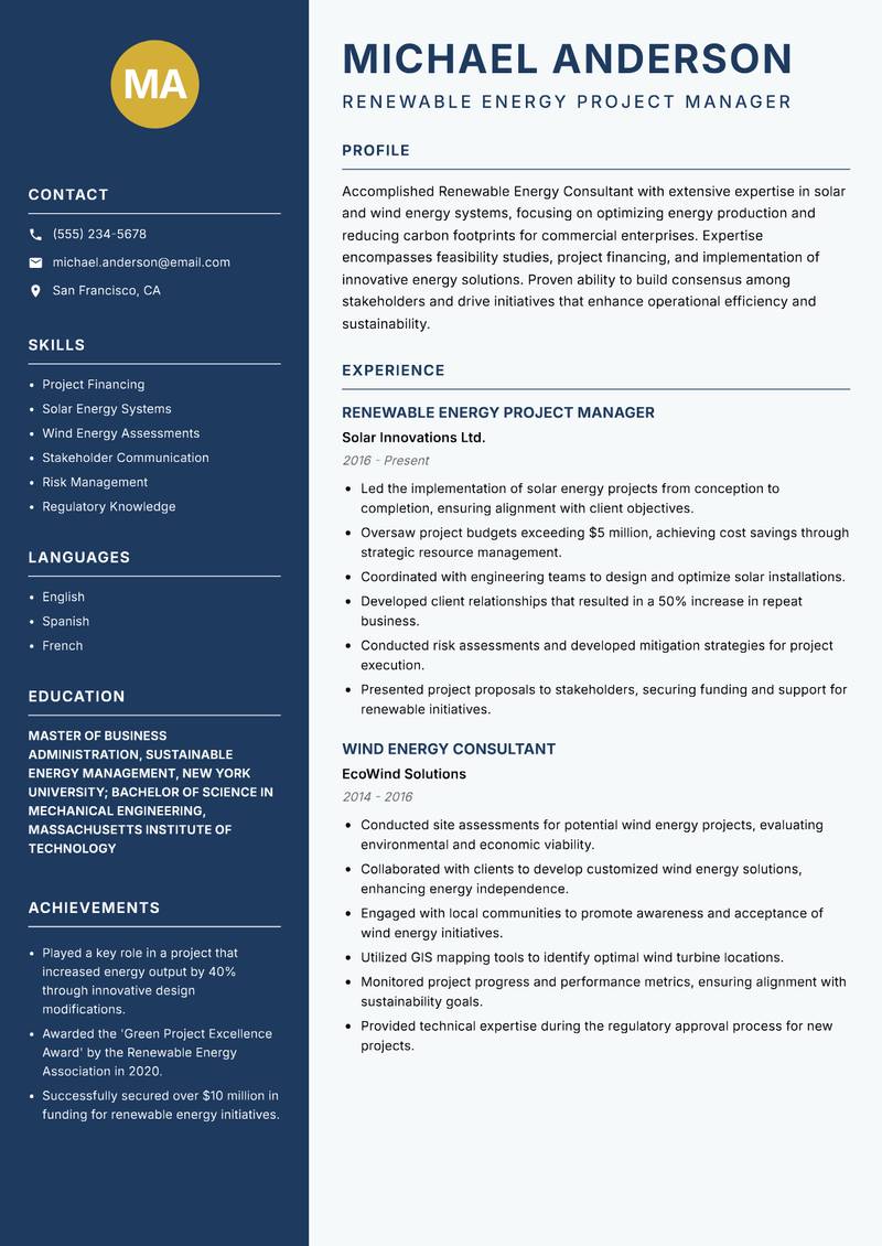 Renewable Energy Consultant Resume Preview Example