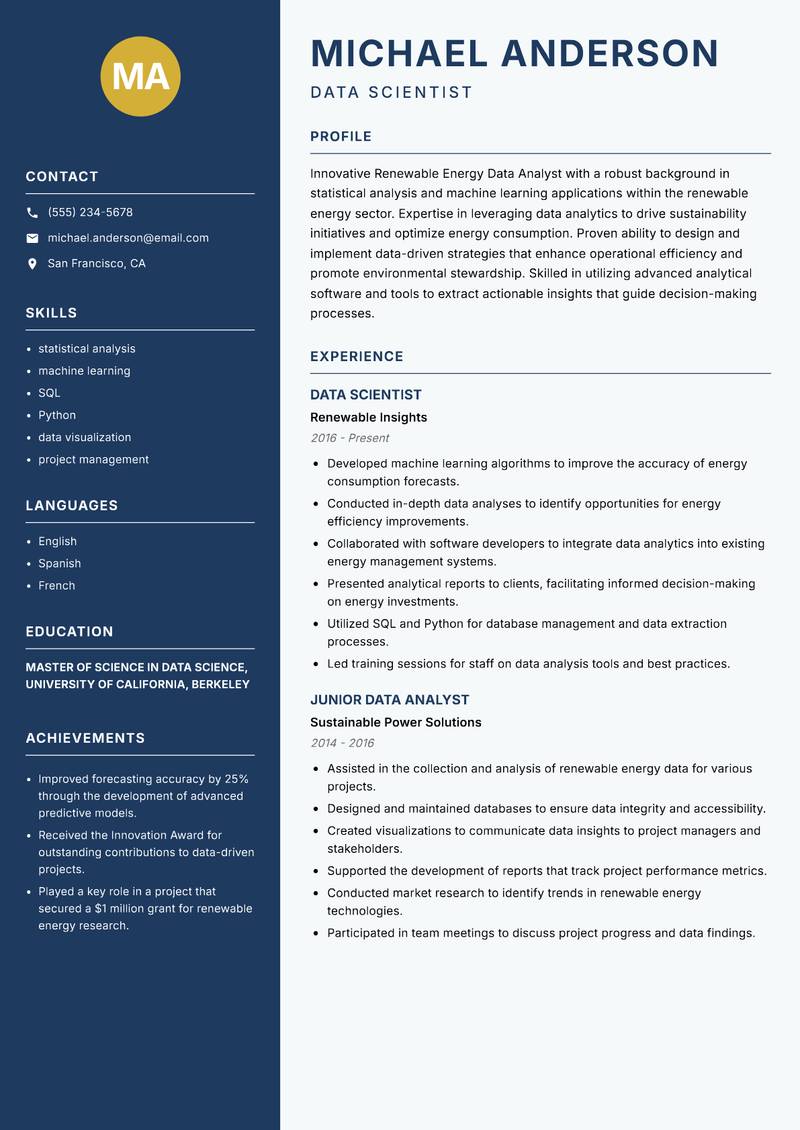 Renewable Energy Data Analyst Resume Preview Example