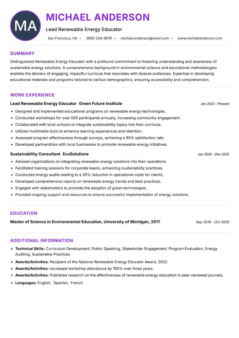 Renewable Energy Educator Resume Preview Example