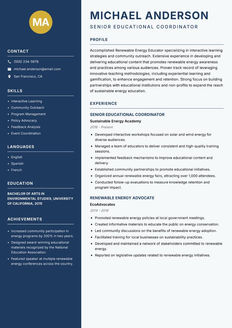 Renewable Energy Educator Resume Preview Example