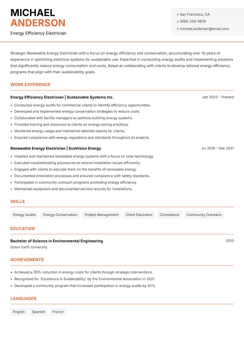 Renewable Energy Electrician Resume Template