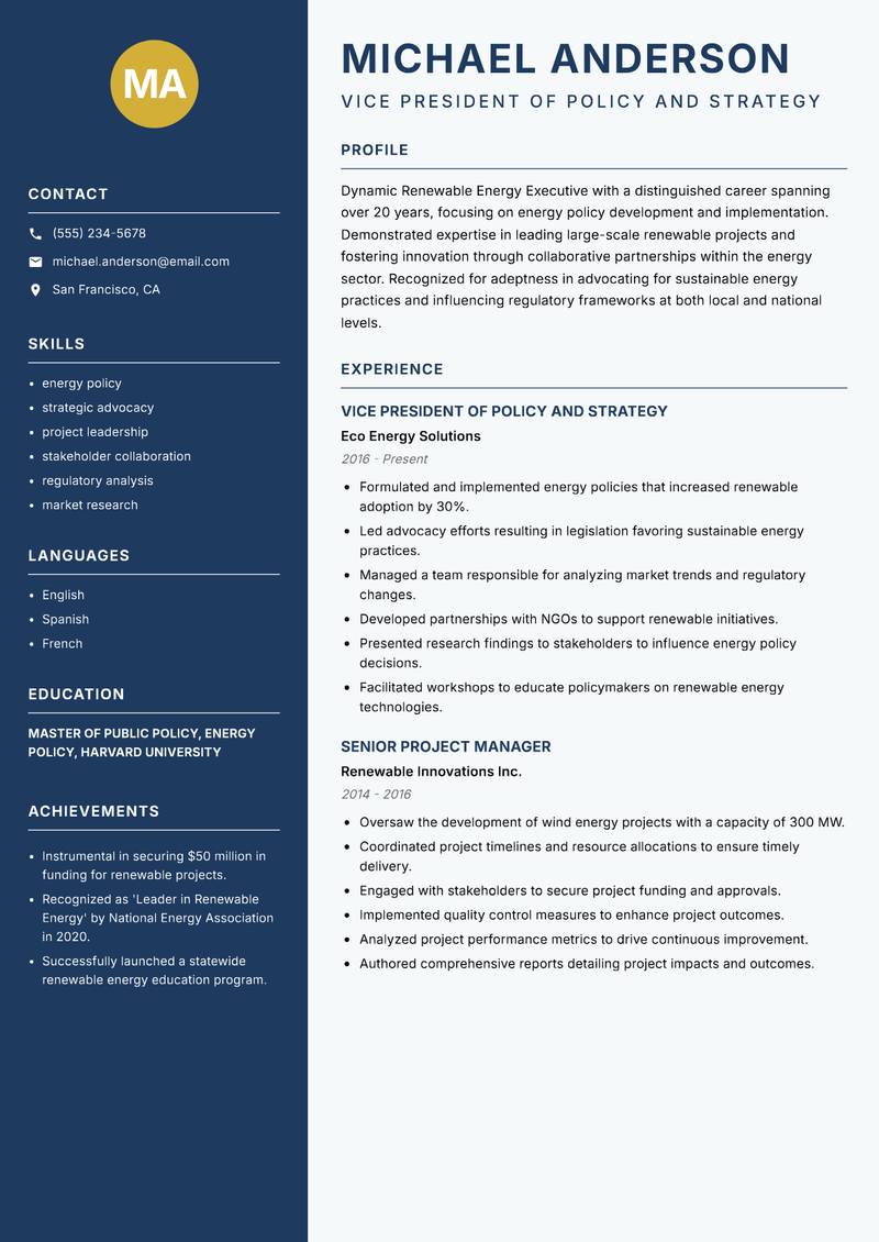 Renewable Energy Executive Resume Preview Example