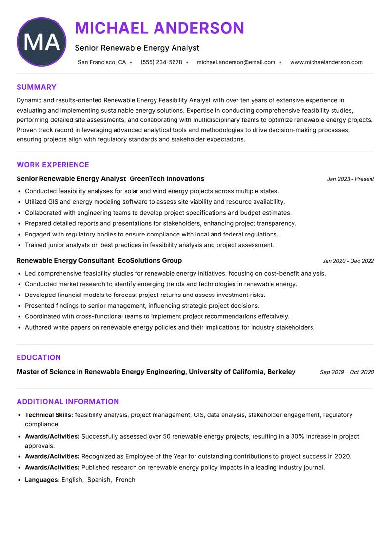 Renewable Energy Feasibility Analyst Resume Preview Example