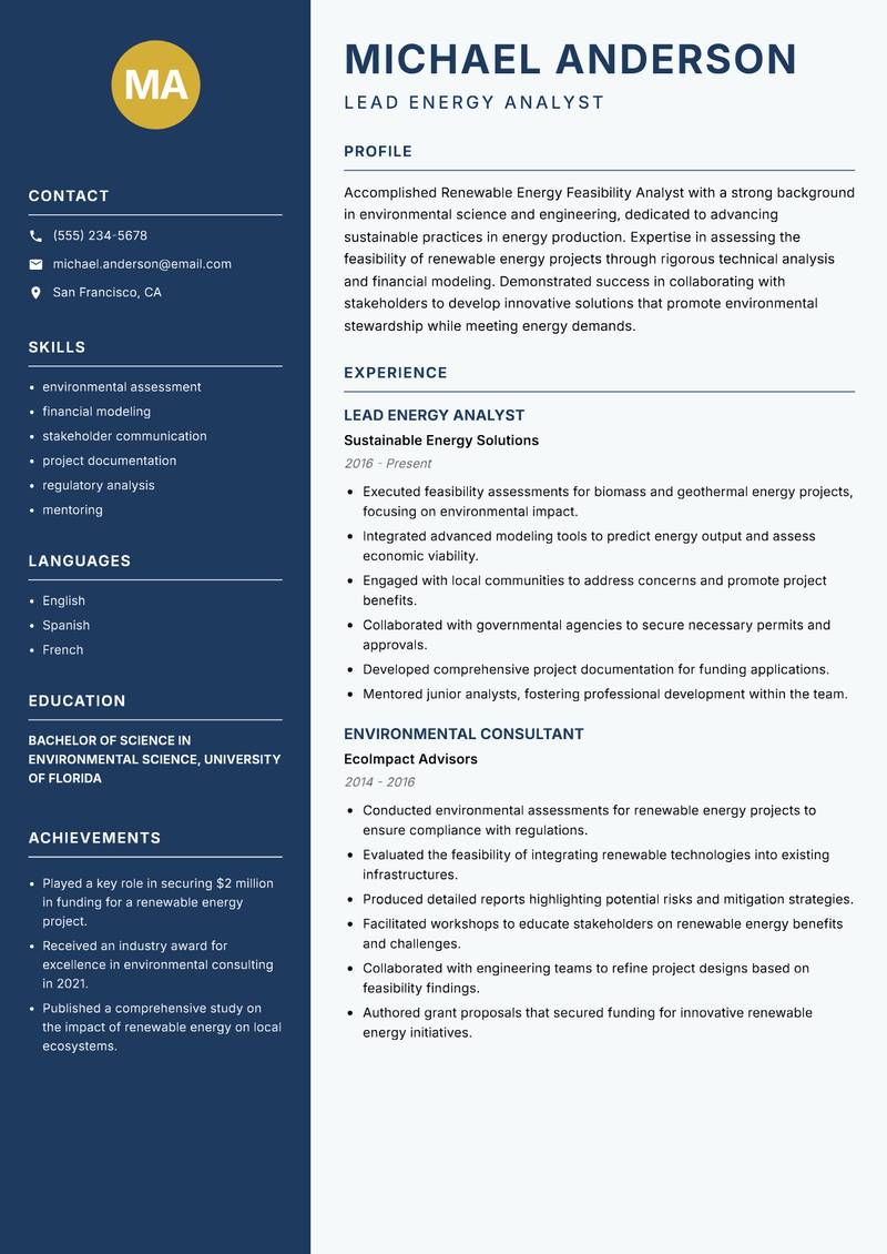 Renewable Energy Feasibility Analyst Resume Preview Example