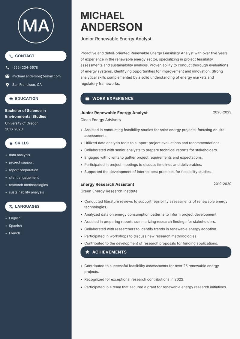 Renewable Energy Feasibility Analyst Resume Preview Example