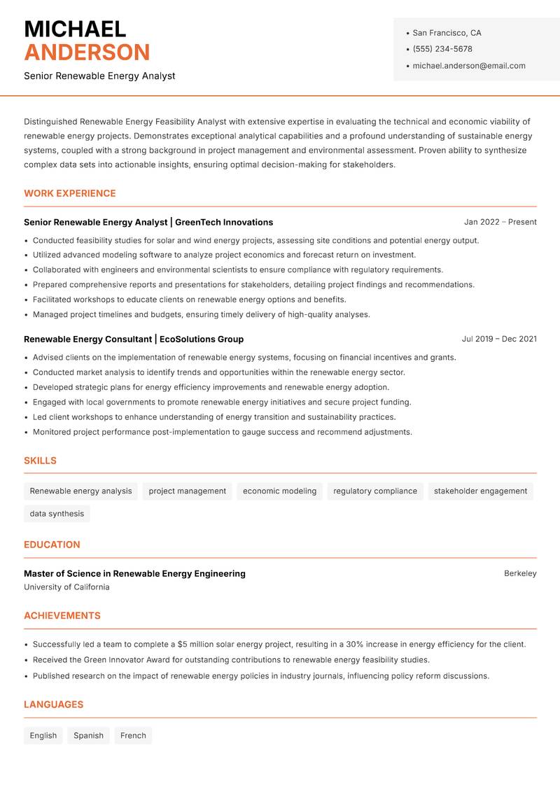 Renewable Energy Feasibility Analyst Resume Template
