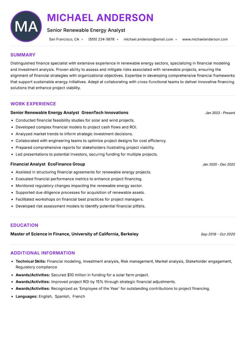 Renewable Energy Finance Analyst Resume Preview Example