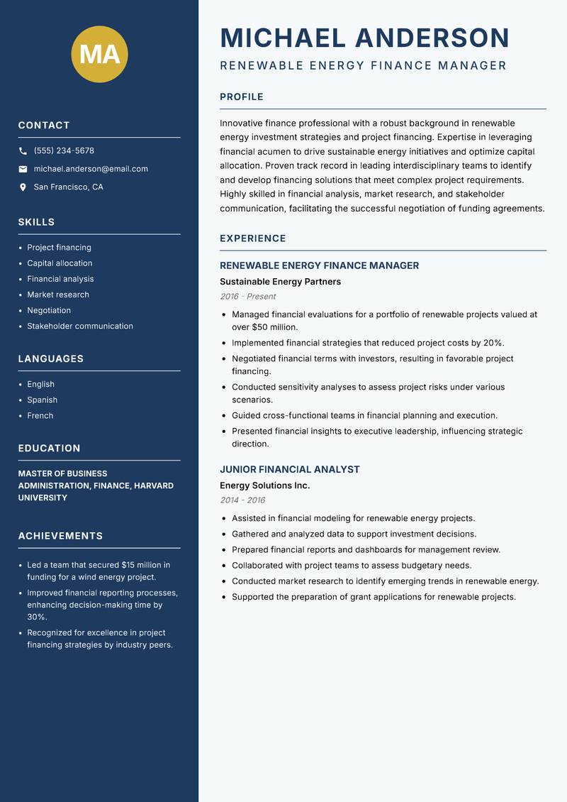 Renewable Energy Finance Analyst Resume Preview Example