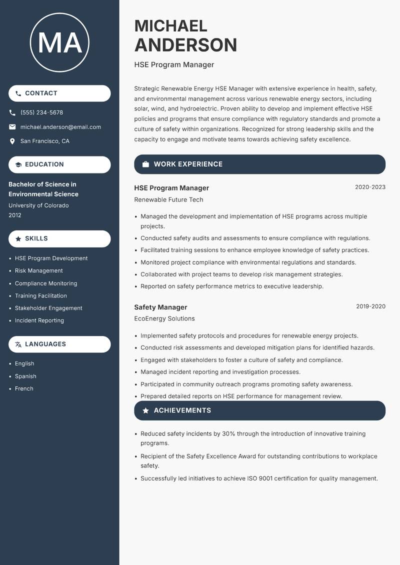 Renewable Energy HSE Manager Resume Preview Example
