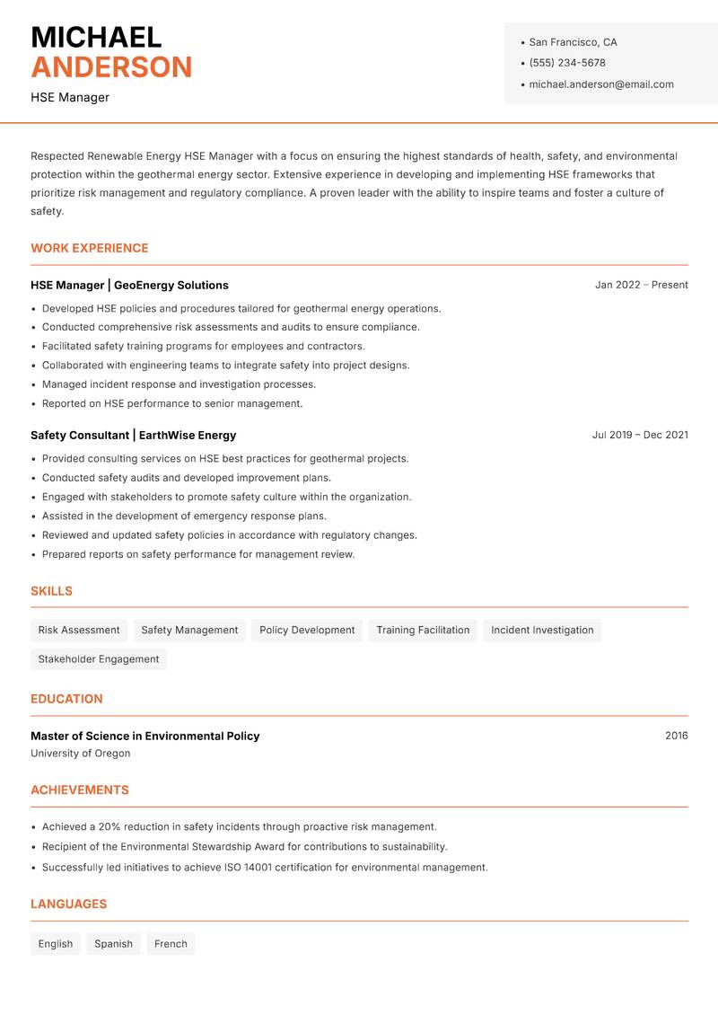 Renewable Energy HSE Manager Resume Template